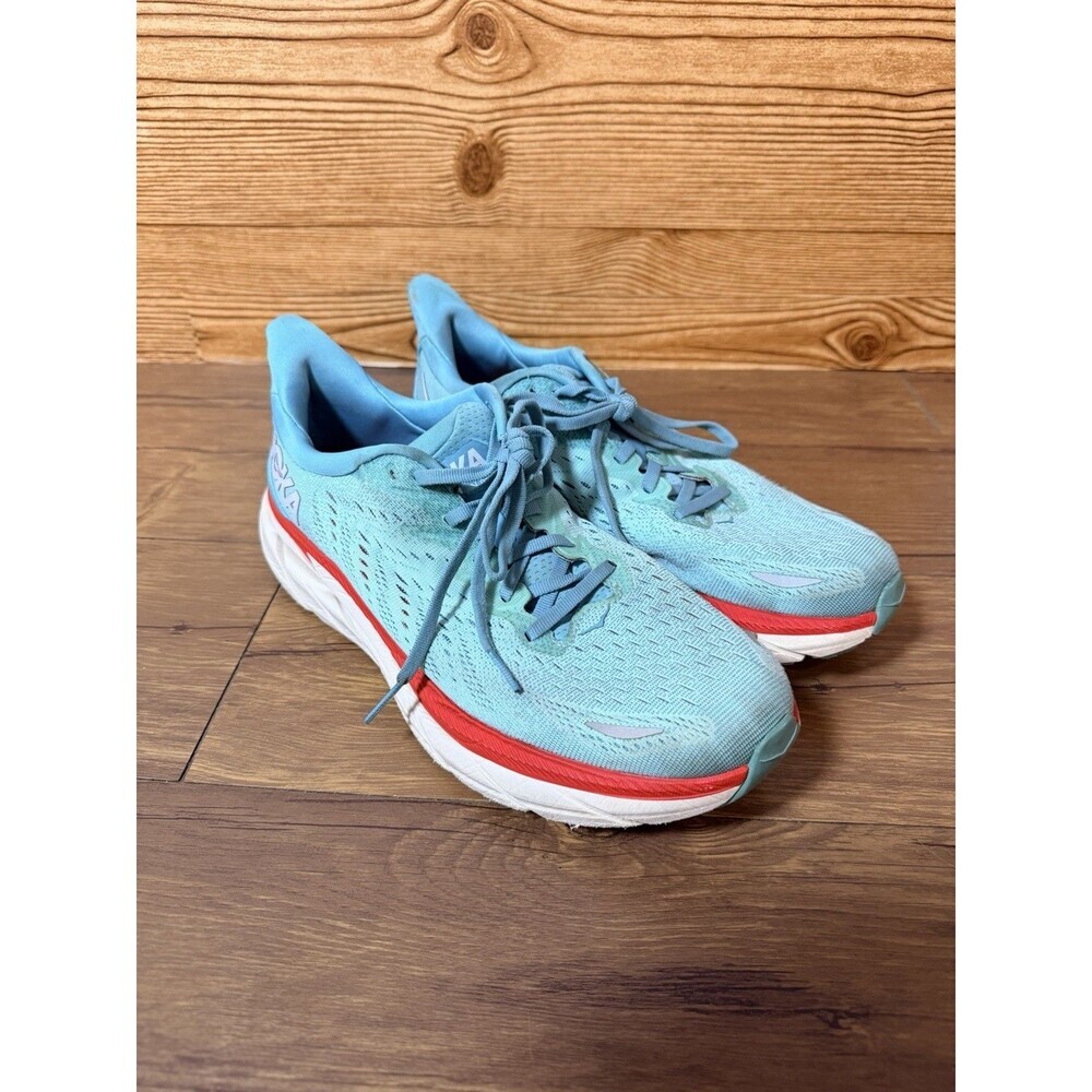 Hoka One One Clifton 8 Shoes Womens 9.5 Blue Red Athletic Running Shoes Sneakers